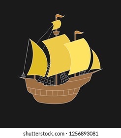 Sea boat. Yellow Sails Ship for Happy Columbus Day vector illustration.