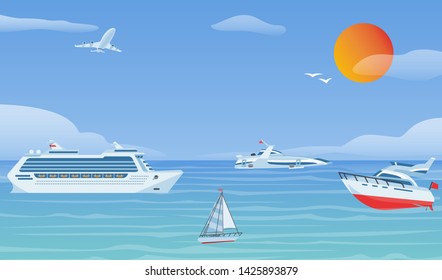 Sea boats and little fishing ships. Sailboats flat vector background illustration.Water transport yacht and ship sailboat in blue sea with sun, seagull and airplane.