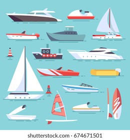 Sea boats and little fishing ships. Sailboats flat vector icons. Set of water transport boat and vessel, tugboat and motorboat illustration