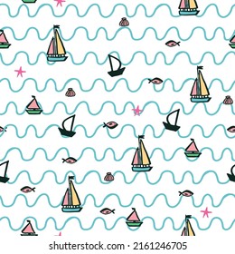 Sea boats vector seamless pattern