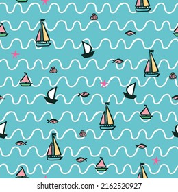 Sea boats vector seamless pattern