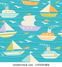Sea boats and waves illustration. Vector seaside seamless pattern.