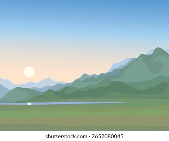 Sea bog mire marsh swamp fog path way road light blue cloud dusk day sundown heaven text space backdrop. Hand drawn rocky ocean farmer bright green tree bush plant season scene view cartoon art style