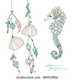 Sea Boho Collection Cards In Boho Style. Sea Shells On Rope And Sea Horse. Vector Illustration.