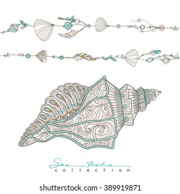Tarjetas de colección Sea Boho al estilo boho. Cojeras marinas sobre cuerdas y conchas marinas. Ilustración vectorial.