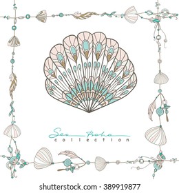 Sea boho collection cards in boho style. Sea shells on rope and sea shell. Vector illustration.