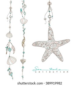 Sea boho collection cards in boho style. Sea shells and sea star. Vector illustration.