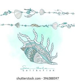 Sea boho collection. Cards in boho style. Sea shells on rope and sea shell. Vector illustration.