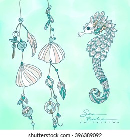 Sea boho collection. Cards in boho style. Sea shells on rope and sea shell. Vector illustration.