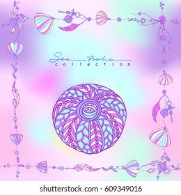 Sea boho collection cards in boho style. Sea shells and sea star. Vector illustration.