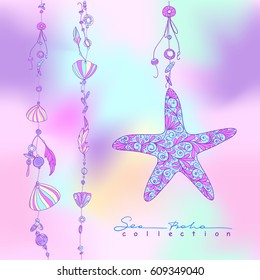 Sea boho collection cards in boho style. Sea shells and sea star. Vector illustration.