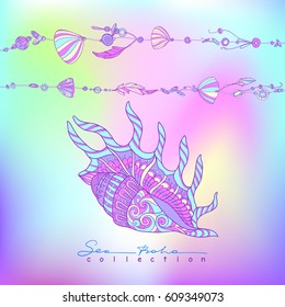 Sea boho collection cards in boho style. Sea shells and sea star. Vector illustration.