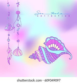 Sea boho collection cards in boho style. Sea shells and sea star. Vector illustration.