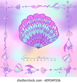 Sea boho collection cards in boho style. Sea shells and sea star. Vector illustration.