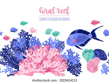 Sea border pattern with tropical fishes and corals. Colorful hand drawn undersea life with dry brush texture. Vector illustration in trendy flat style for wallpapers, web, surface textures, textile.