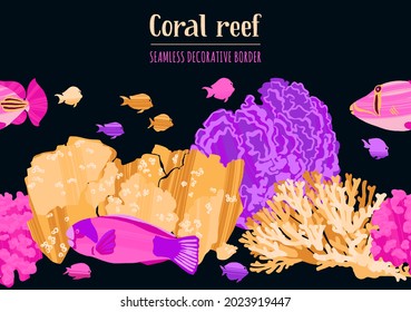 Sea border pattern with tropical fishes and corals. Colorful hand drawn undersea life with dry brush texture. Vector illustration in trendy flat style for wallpapers, web, surface textures, textile.