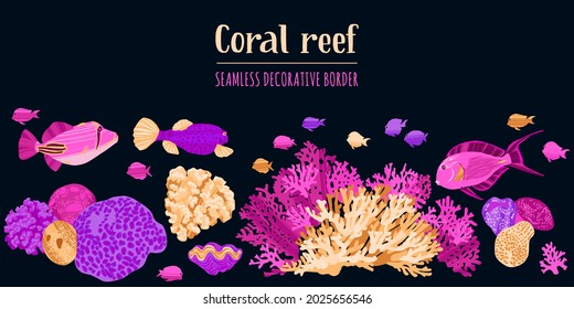 Sea border pattern with tropical fishes and corals. Colorful hand drawn undersea life with dry brush texture. Vector illustration in trendy flat style for wallpapers, web, surface textures, textile.