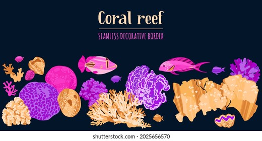 Sea border pattern with tropical fishes and corals. Colorful hand drawn undersea life with dry brush texture. Vector illustration in trendy flat style for wallpapers, web, surface textures, textile.
