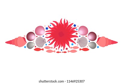 Sea border template, horizontal composition with clam, shell, conch, sea anemone, fish, starfish, scallop, scuba diving or seafood ads design element, aqua nature underwater life vector illustration.