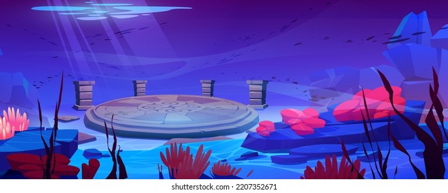 Sea bottom with ancient architecture or atlantis civilization artifacts, round stone plate or portal with pattern and columns. Game background with underwater ruins, Cartoon vector illustration