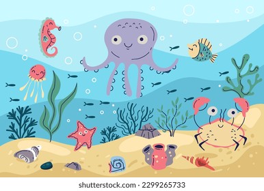 Concepto de vida marina de los arrecifes oceánicos submarinos. Ilustración del diseño gráfico del vector