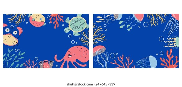 Sea bottom animals cards isolated set concept. Vector graphic design illustration
