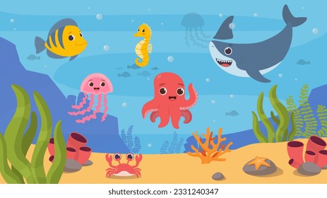 Sea bottom with animals concept. Octopus, jellyfish, shark, seahorse and fish with corals and reefs. Representatives of underwater world. Ocean and sea. Cartoon flat vector illustration