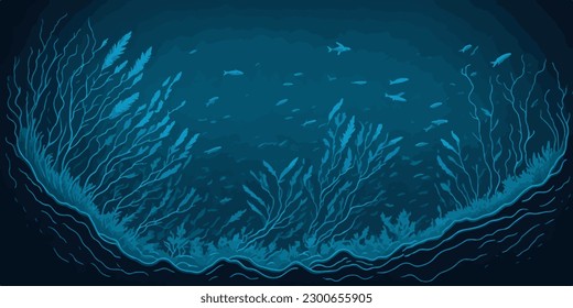 Sea bottom background. Seabed vector illustration. Algae, fish.