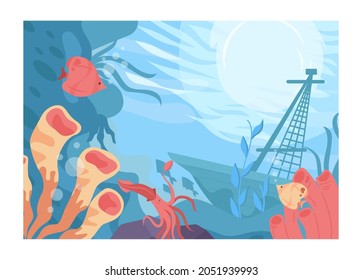 Sea bottom. Beautiful underwater world with different corals and seaweed. Tropical seascape nature scene. Flat vector illustration