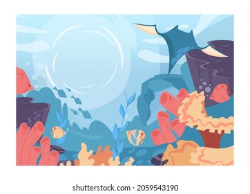 Sea bottom. Beautiful underwater world with different corals and seaweed. Tropical seascape nature scene. Flat vector illustration