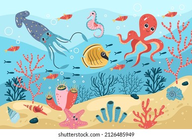 Sea bottom with creature animals fish and plants. Underwater marine flat cartoon graphic design illustration
