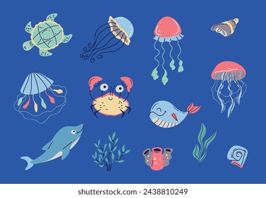 Sea bottom with creature animals fish and plants. Underwater marine flat cartoon graphic design illustration