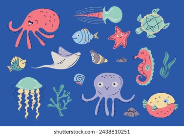 Sea bottom with creature animals fish and plants. Underwater marine flat cartoon graphic design illustration