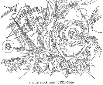 Sea bottom, doodles.
Vector illustration sea.