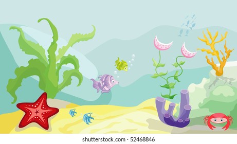 Sea bottom with fishes, starfish, crab and seaweed