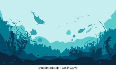 Sea bottom flora and fauna, seafloor world vector background. Dolphin silhouette, seaweed and reef, fish school on underwater landscape. 