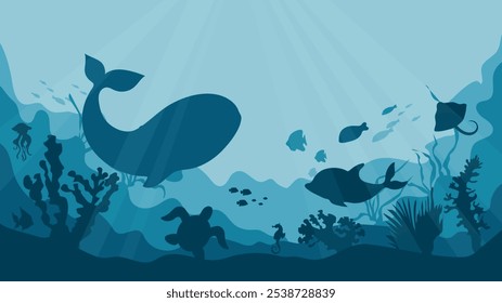 Flora y fauna del fondo marino, fondo de Vector del mundo marino.  Mundo submarino natural con peces exóticos, corales acuáticos, plantas oceánicas y algas. Concepto de Vector.	