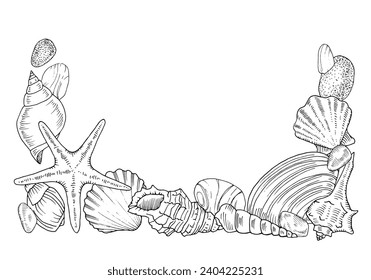 Borde del bastidor del fondo marino. Ilustración del contorno vectorial de las conchas marinas y las estrellas de mar. Dibujo lineal a mano sobre fondo aislado. Arte de línea de contorno negro de la plantilla de tarjeta de saludo náutico