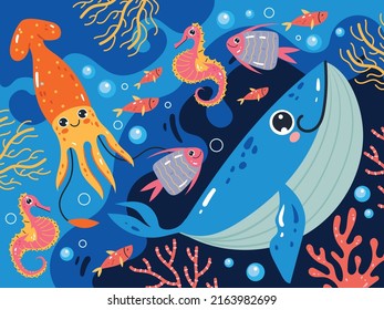 Sea bottom life animals underwater landscape background concept. Vector cartoon graphic design illustration