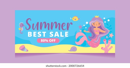 sea bottom with mermaid and fishes. summer banner. vector illustration