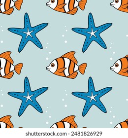 Sea bottom pattern with orange fishes and blue starfish on pastel blue background, seamless marine pattern.