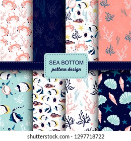 Sea bottom pattern set. 8 vector seamless patterns with crabs, shels, seaweed and other sea inhabitans