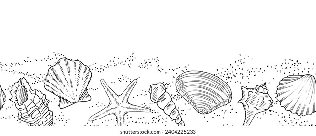 Sea Bottom seamless border. Vector outline illustration of Seashells on the sand. Hand drawn pattern of beach shore. Linear drawing on isolated white background. Black contour line art of coast