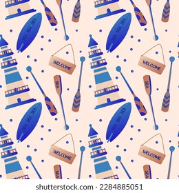 Sea bottom seamless pattern. Summer beach hand-drawn seaside vector print .Undersea world cartoon background with lighthouse, and surfboard. Seashore elements design for fabrics, wallpaper