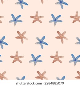 Sea bottom seamless pattern. Summer beach hand-drawn seaside vector print. Undersea world cartoon background with starfish. Seashore elements design for fabrics, wallpaper