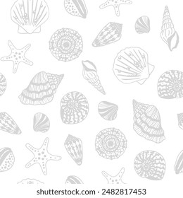 Sea bottom seamless pattern. Summer beach hand-drawn seaside vector print. Undersea world cartoon background with sea urchin, starfish, shell, coral. Seashore elements design for fabrics, wallpaper