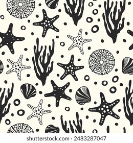 Sea bottom seamless pattern. Summer beach hand-drawn seaside vector print. Undersea world cartoon background with sea urchin, starfish, shell, coral. Seashore elements design for fabrics, wallpaper