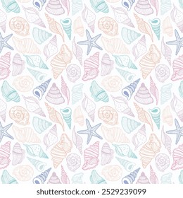 Sea bottom seamless pattern. Summer beach hand-drawn seaside vector print. Undersea world cartoon background with sea urchin, starfish, shell, coral. Seashore elements design for fabrics, wallpaper