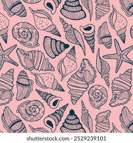 Sea bottom seamless pattern. Summer beach hand-drawn seaside vector print. Undersea world cartoon background with sea urchin, starfish, shell, coral. Seashore elements design for fabrics, wallpaper