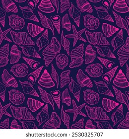 Sea bottom seamless pattern. Summer beach hand-drawn seaside vector print. Undersea world cartoon background with sea urchin, starfish, shell, coral. Seashore elements design for fabrics, wallpaper